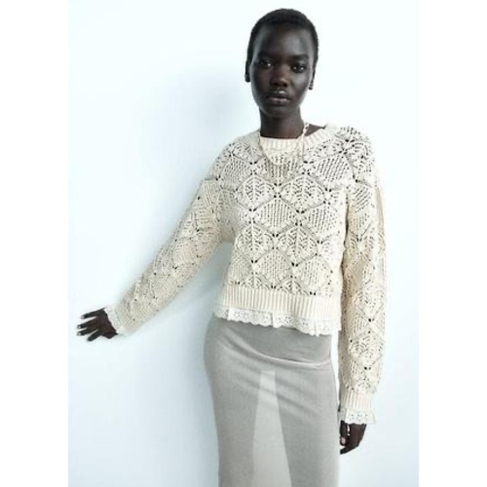 ZARA NWT Lace Trim Sweater Large Pointelle Open‎ Knit Ivory Cream Eyelet Diamond